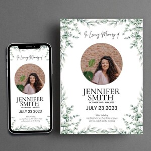Botanical Funeral Memorial Card, In Loving Memory, Digital Funeral Invitation, Memorial Editable Template, Sending Hugs