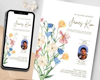 Puede incluir: Un anuncio conmemorativo y una pantalla de teléfono inteligente, ambos con el texto "In Loving Memory James Kim". El diseño incluye una foto, ilustraciones florales en acuarela en rosa, azul y amarillo, y detalles del evento. También hay un sobre marrón.