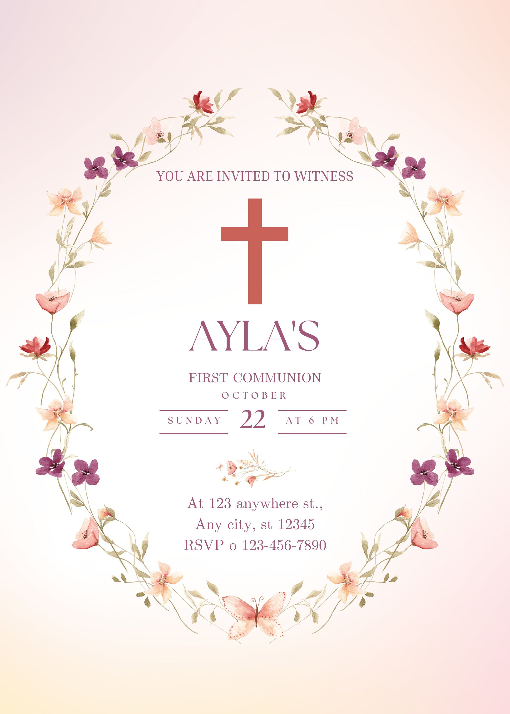 Delicate Pink Girl Communion Invitation, Floral Holy Communion Editable ...