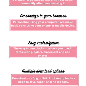 May include: Pink and white graphic with four sections highlighting the benefits of using a digital design platform. The text reads: "No waiting", "Personalize in your browser", "Easy customization", and "Multiple download options".