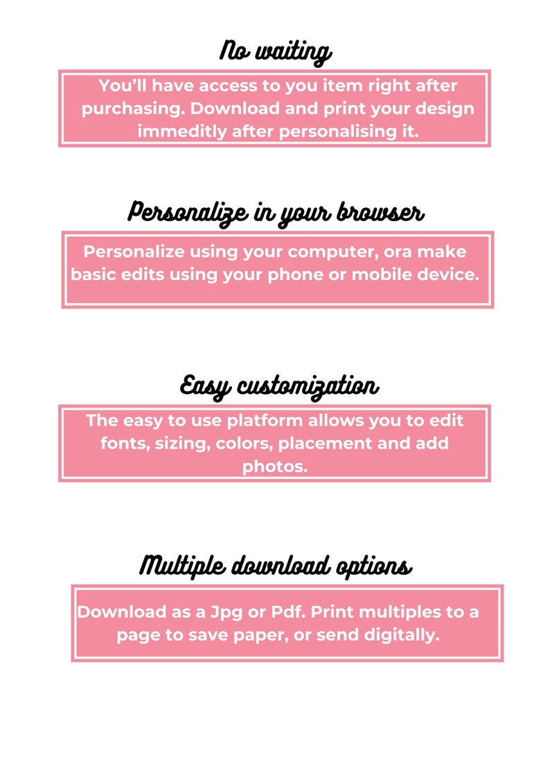 May include: Pink and white graphic with four sections highlighting the benefits of using a digital design platform. The text reads: "No waiting", "Personalize in your browser", "Easy customization", and "Multiple download options".