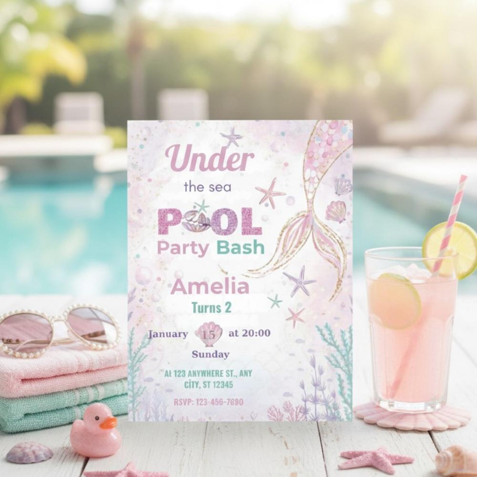 Little Mermaid Birthday Invitation, Editable Canva Template (digital
