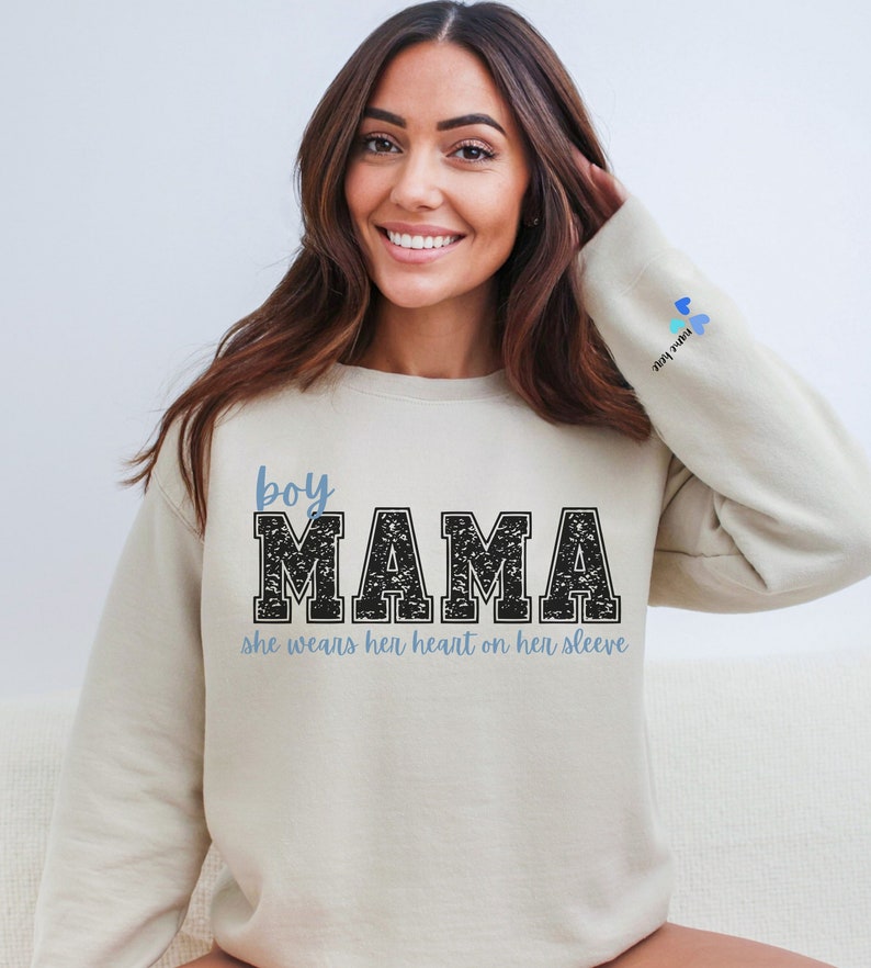 Custom Sleeve Boy Mama Sweatshirt, Personalized Mama Sweater, Baby