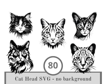 80 Cat head Svg, Cat head Clipart, Cat Breed Svg , Cat Head Svg Cut Files , Cat Face Svg, Laser Engraving Cat Svg