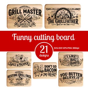 以下が含まれることがあります： ユーモラスなバーベキューをテーマにしたデザインの木製まな板のコレクション。まな板には「Grill Master」、「The Grillfather」、「Don't Go Bacon My Heart」などのテキストが記載されています。画像には「Funny cutting board」と「21 designs」という文字も含まれています。
