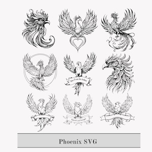 May include: Nine black and white line art illustrations of phoenixes in various poses. Some phoenixes are depicted with wings spread, while others are shown with their heads turned. Some illustrations include text such as "Rise From the Ashes" and "Rebirth and Strength".
