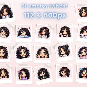 Twitch のエモート、黒髪の巻き毛の女の子、ブルネットの女の子、TikTok のエモート、WhatsApp のエモート、アニメのエモート、Discord のエモート、カスタムのエモート