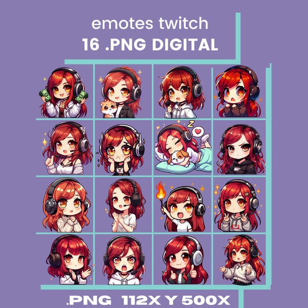 Red Hair Girl Twitch Emotes for Streaming - Youtube and Discord emotes, Stickers, chibi girl