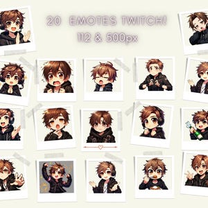 Twitch Guy Emotes: Anime Chibi Boy, Brown Hair (Digital Download, .png Transparent 112px/512px Sizes )