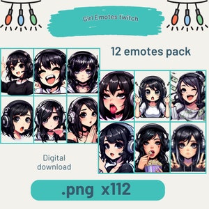 Twitch の絵文字、黒髪の女の子、ブルネットの女の子、黒い目、TikTok の絵文字、WhatsApp の絵文字、アニメの絵文字、Discord の絵文字。