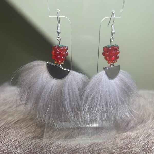 Real Fox Fur + Glass Raspberry Earrings