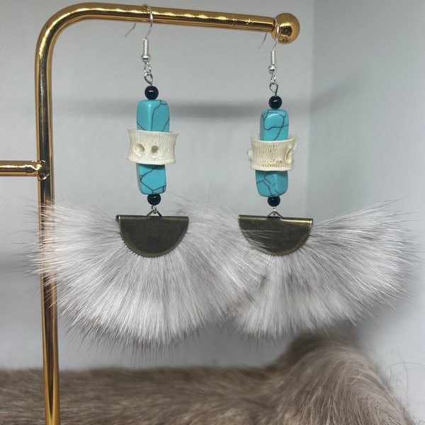 Real Fox Fur + King Salmon Bone + Turquoise + Onyx Earrings