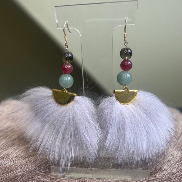 Real Fox Fur + Jade + Tourmaline + Smokey Quartz Earrings