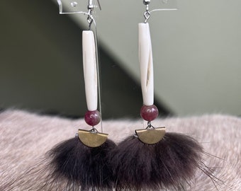 Real Beaver Fur + Tourmaline + Bone Earrings