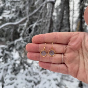 May include: A pair of gold-colored hoop earrings, each featuring a small, round, clear resin pendant with a delicate, light purple flower preserved inside. The earrings are held against a snowy, blurred background of trees.