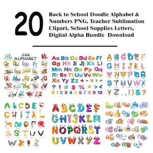 Back to School Doodle Alphabet & Numbers PNG, Teacher Sublimation Clipart, School Supplies Letters, Digital Alpha Bundle Download