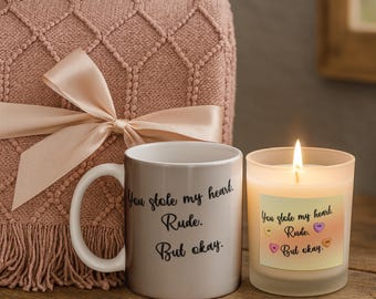 Divertido set de regalo para San Valentín: manta acogedora, taza y vela de soja