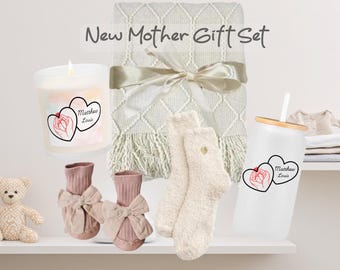 Set de regalo personalizado para mamá primeriza: vaso, vela, manta y calcetines