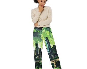 Pantalones de pijama anchos con acuarela del horizonte de Filadelfia / Corte holgado unisex con bolsillos, tejido elástico y acogedor