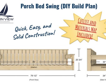Könnte beinhalten: Diagramm einer Holz-Veranda-Liege mit Maßen in Zoll. Die Liege ist 75 Zoll breit, 79 1/2 Zoll lang und 20 3/4 Zoll hoch. Der Text "CUTLIST AND MATERIALS MAP INCLUDED!" befindet sich in einem gelben Sternenausbruch.