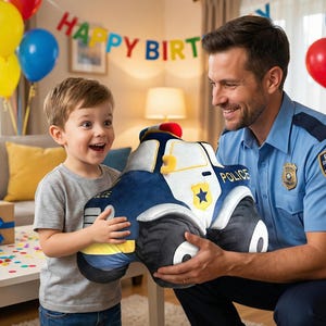 May include: A plush police car pillow in navy blue, white, and yellow is held by a man in a police uniform and presented to a young boy. The pillow has the word "POLICE" on it. Balloons and a "Happy Birthday" banner are in the background.