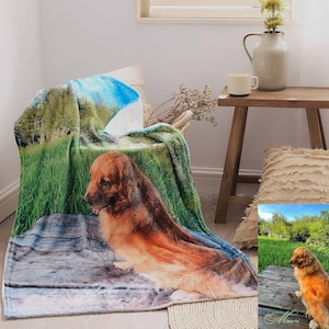 May include: A soft, plush blanket featuring a colorful landscape scene with a golden retriever dog lying on a wooden dock. The blanket is perfect for cuddling up on the couch or adding a touch of warmth to your bedroom.