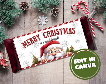 Editable Merry Christmas Peeking Santa Candy Bar Wrapper Template, Printable Candy Bar Wrapper for Christmas teacher, friend, neighbor gift