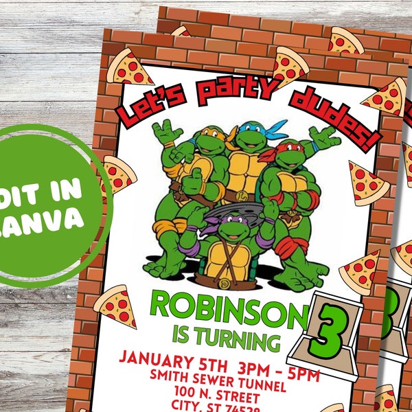 Editable Ninja Turtles Invitation Template, Printable Ninja Turtles Birthday Invitation, Digital Party Invite, Instant Download, Pizza Party