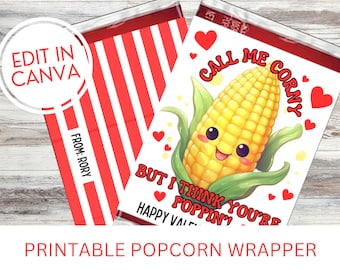 Valentine Popcorn Wrap Printable, Call me Corny Valentine, Red Stripes Popcorn Wrapper, Classroom Valentine
