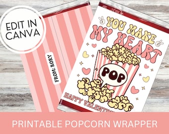 Valentine Popcorn Wrapper Printable, Retro You Make My Heart Pop Valentine, Classroom Valentine