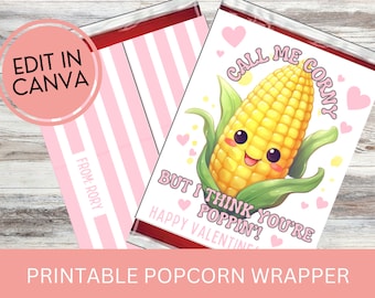 Valentine Popcorn Wrap Printable, Call me Corny Valentine, Pink Stripes Popcorn Wrapper, Classroom Valentines