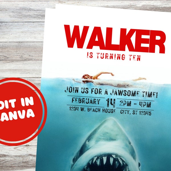 Modello di invito per la festa di JAWS modificabile, invito di compleanno per la festa di squalo stampabile, download immediato