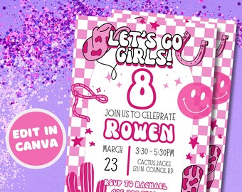 Pink Cowgirl Birthday Party Invitation Template, Editable Cowgirl Invite, Digital Download Cowgirl Party, Rodeo Birthday, Lets Go Girls