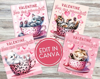 Printable Cat Valentine's Day Cards, Kitten Valentine Cards, Teacup Valentines, Classroom Valentines