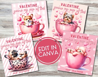 Printable Dog Valentine's Day Cards, Pup of Tea Valentine Cards, Classroom Valentines