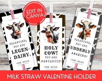 Valentine Straw Tags, Punny Cow Milk Straw Valentine, Editable Straw Valentine Card, Classroom Valentines