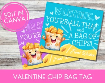 Valentine Chip Labels, Chips Kids Valentine Printable, Bag of Chips Valentine Tag, Classroom Valentine