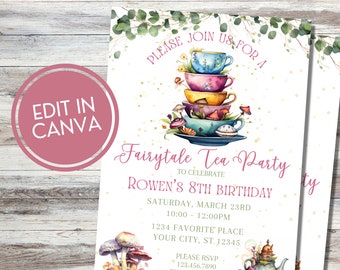 Whimsical Tea Party Birthday Invitation Template, Printable Fairytale Tea Party Invitation, Digital Party Invite, Editable