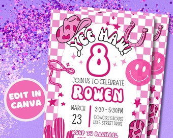 Pink Cowgirl Birthday Party Invitation Template, Editable Cowgirl Invite, Digital Download Cowgirl Party, Rodeo Birthday, YeeHaw Birthday