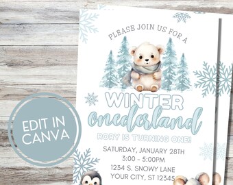 Editable Winter ONEderland Invitation Template, Printable Winter First Birthday Invitation, Instant Download
