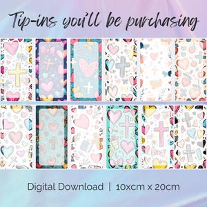 May include: A set of 10 digital printable tip-ins featuring a cross and hearts in various colors and patterns. The tip-ins are designed for use in a planner or journal and measure 10 cm by 20 cm.