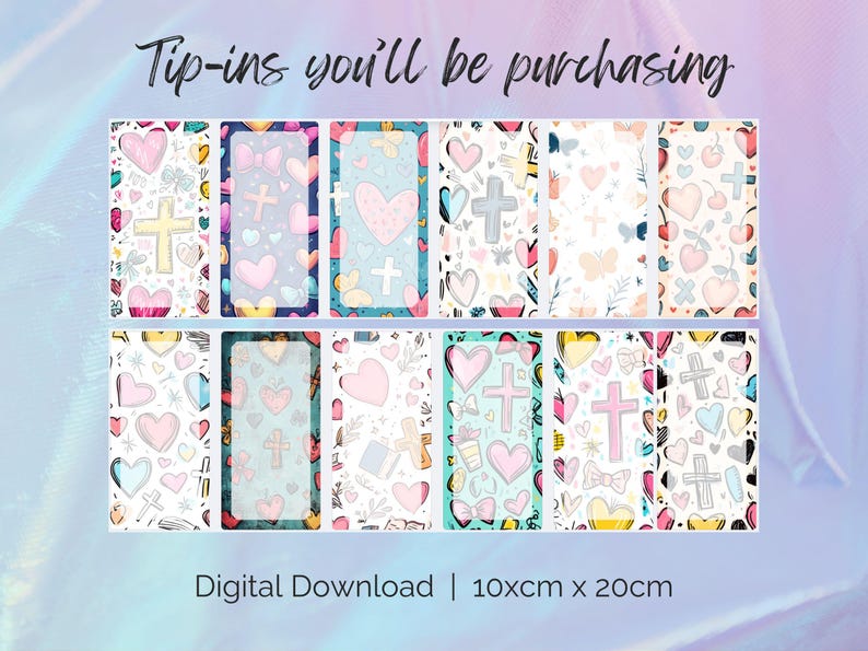 May include: A set of 10 digital printable tip-ins featuring a cross and hearts in various colors and patterns. The tip-ins are designed for use in a planner or journal and measure 10 cm by 20 cm.