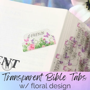 Pestañas bíblicas transparentes con diseño floral, lámina dorada, libros de la Biblia, pestañas bíblicas en inglés, despegar y pegar, accesorios bíblicos, regalo cristiano