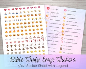May include: A sheet of 5x7 inch Bible study emoji stickers with a legend explaining the meaning of each emoji. The emojis are in black and white and include a variety of symbols such as hearts, hands, light bulbs, and crosses.
