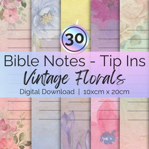 Może przedstawiać: Zestaw 30 drukowanych papierów cyfrowych z vintage wzorami kwiatowymi w delikatnych pastelowych kolorach. Papiery są w linie i idealne do użycia jako notatki biblijne lub strony dziennika. Papiery mają wymiary 10 cm na 20 cm.