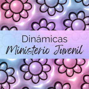 Puede incluir: Un fondo rosa pastel y azul con un patrón repetitivo de flores con contorno negro. El texto "Dinámicas Ministerio Juvenil" está escrito en negro en el centro de la imagen.