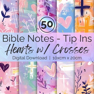Könnte beinhalten: Ein digitaler Download von 50 druckbaren Seiten für das Bibel-Journaling mit Herzen, Kreuzen und floralen Designs in Rosa, Blau und Lila. Die Seiten sind 10 cm x 20 cm groß.