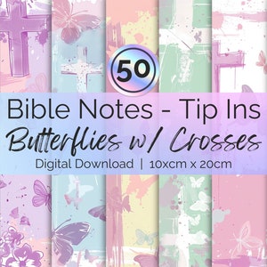 May include: A set of 50 digital printable papers featuring butterflies and crosses in pastel colours. The papers are 10 cm by 20 cm and are perfect for scrapbooking, card making, and other craft projects.