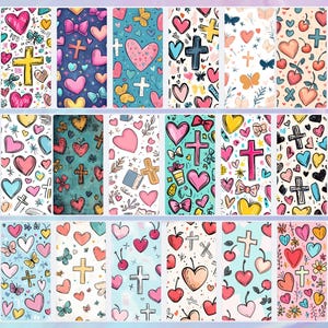 May include: Twelve digital paper designs featuring a repeating pattern of hearts, crosses, butterflies, and cherries in various colors, including pink, red, blue, yellow, and green.