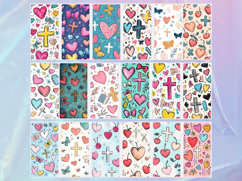 May include: Twelve digital paper designs featuring a repeating pattern of hearts, crosses, butterflies, and cherries in various colors, including pink, red, blue, yellow, and green.